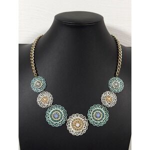 Charming Charlie Blue Metal Medallion Rhinestone Statement Necklace Boho 23"